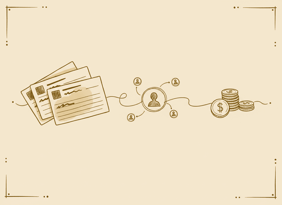 Subscription cards connect through a referral network to earnings — editorial line illustration